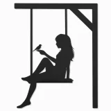 Черен матов силует от метал на момиче, седящо на люлка с кацнало птиче на ръката, нежно метално пано за стена в минималистичен стил.