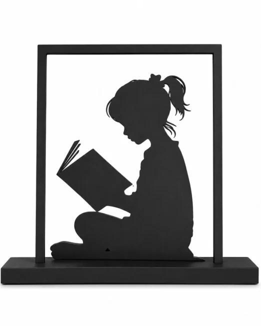 Черна рамкирана настолна метална скулптура на момиченце с опашка, седнало и четящо книга, интелектуална интериорна декорация в цвят черен мат.